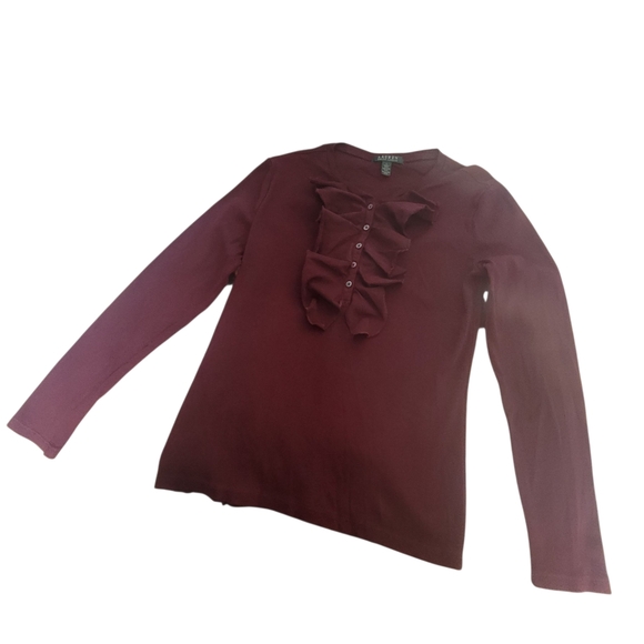 Vintage Lauren Ralph Lauren Womens (L) Burgundy Ribbed Ruffle Neck Lg Sleeve Top - Picture 3 of 6